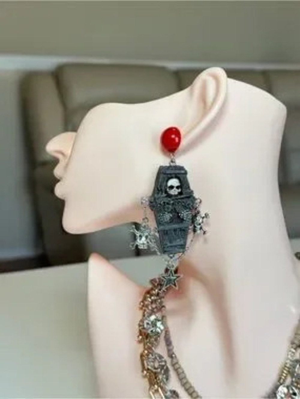 Red Skull Coffin Statement Earrings - Gothic Women Jewelry